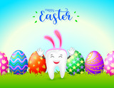 Bunny tooth character with eggs of Easter day. Dental Easter, illustration