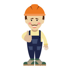 Worker  illustration isolated on white background, construction builder character in helmet, workman happy face, engineer