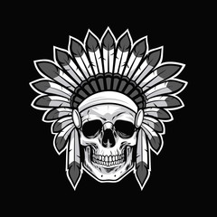 Skull of Native American Indian Warrior. Black Background Vector