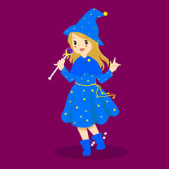 a girl wearing Halloween sorceress costume and holding a wand.