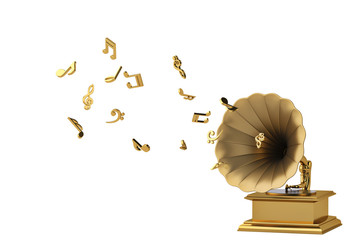 Gold gramophone with gold musical notes isolated on white background.3d illustration
