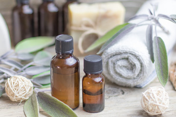 Essential oil sage towel spa. Dry Medical Herb Phytotherapy Aromatherapy concept.