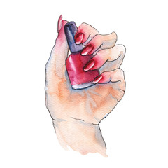 Gesture with your fingers. A woman's hand with a bottle of nail polish. Watercolor illustration.