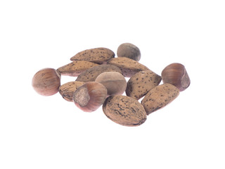 Almonds and hazelnuts on white isolated background