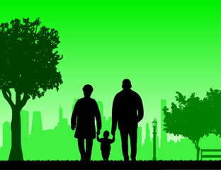 Grandmother and grandfather walking with grandchild in park, one in the series of similar images silhouette