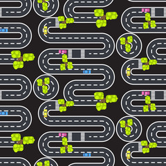 Top view winding roads and streets seamless vector pattern.