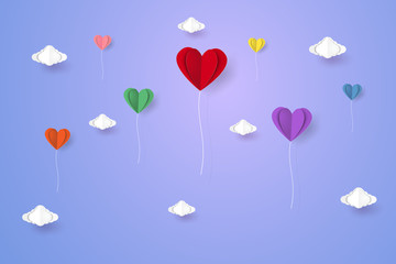Fototapeta na wymiar Colorful heart balloons flying , paper art style