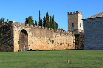 View to city walls, erected in 1156 by Consul Cocco Griffi. Pisa, Italy. Tower Torre di Santa Maria.