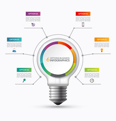 Fototapeta premium Lightbulb infographic template with 6 options. Creative business startup concept. Can be used as circular chart, cycle diagram, graph, workflow layout for report, web, presentation. Vector background