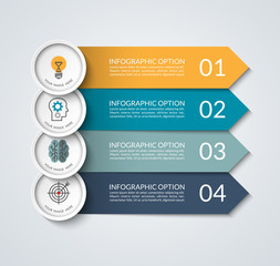 Infographic banner with arrow and circle design elements. Business concept with 4 options, steps, parts. Vector template that can be used as a chart, graph, diagram, workflow layout