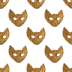 Abstract cat face pattern. Gold hand painted seamless background.