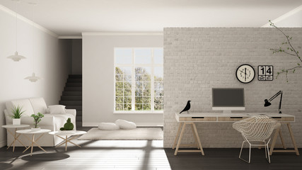 Scandinavian living with home workplace, house corner office, minimalist interior design