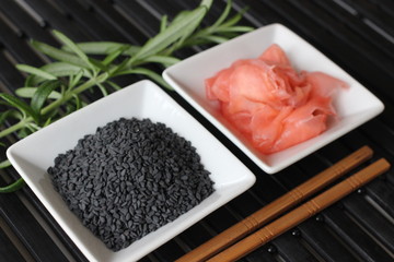 sushi preparation, preparing sushi, preparing japanese food, component of sushi, component od Japanese food, sushi, wasabi, sesame, black sesame, ginger, red ginger, rice for sushi, rice, special rice