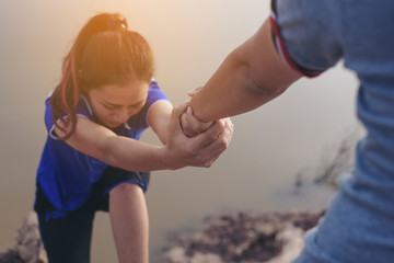 The man gives helping hand outstretched for salvation
