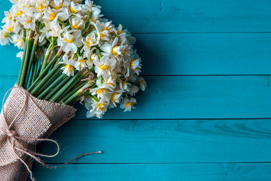 turkuaz zeminde nergis &ccedil;i&ccedil;ekleri