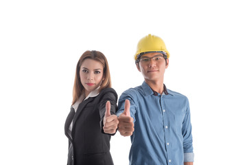 Businesswoman and engineer show thumbs up on a white background.