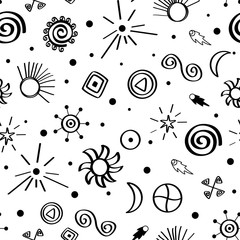 Seamless vector pattern with sky symbols. Retro textile collection. White and black.