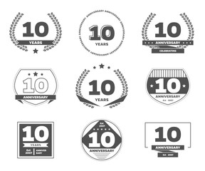 Ten years anniversary logotype. 10th anniversary logo set.