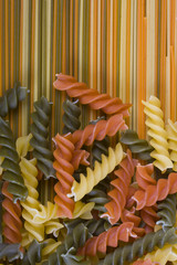 Fusilli and penne pasta closeup