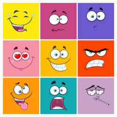 Square Cartoon Emoticons Different Color With Expression Set 2. Collection Isolated On White
