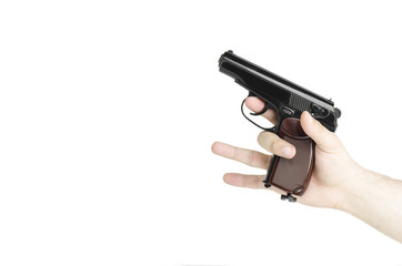 Man Holding Pistol Isolated On White Background