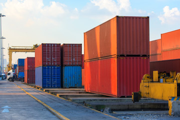 container ship in import export and business logistic.By crane ,Trade Port , Shipping, cargo to...