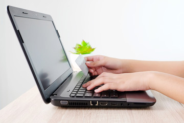Woman hands holding credit card and typing labtop on table background, selective focus, shopping online concept, business and technology
