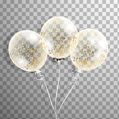 Set of white transparent balloon with confetti isolated in the air . Frosted party balloons for event design. Party decorations for birthday, anniversary, celebration. Shine transparent balloon.