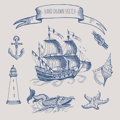 Fototapeta na wymiar Old caravel, vintage sailboat. Hand drawn vector sketch. Anchor, lighthouse, sea monster, shell, starfish