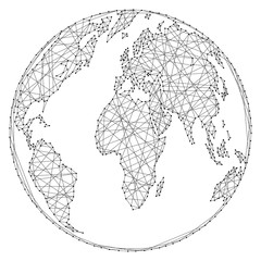 Abstract world map on a globe ball of polygonal lines and dots on a white background of vector illustration