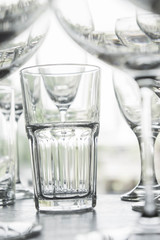 water glass on the shelves , Drinking water container, Empty water glass