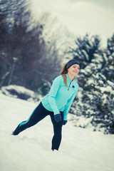 Winter sport, girl exercising in park