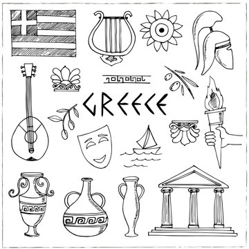 Hand drawn greece travel collection of icons