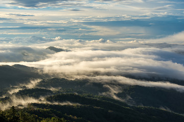 Naklejka na ściany i meble Light morning with fog floating on the mountain and sky is a beautiful view. And is a popular tourist destination of the photographer to capture nature. The Doi Inthanon Chiang Mai, Thailand.