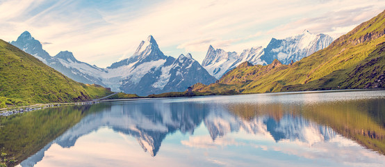 A magical panorama landscape with a lake in the mountains in the Swiss Alps, Europe. Wetterhorn, Schreckhorn, Finsteraarhorn et Bachsee. ( relaxation, harmony, anti-stress - concept).