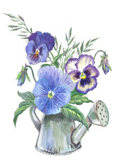 A bouquet of pansies in the watering can.