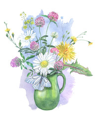A bouquet of wildflowers in a green jug, drawing by watercolor.