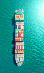 container ship in import export and business logistic.By crane ,Trade Port , Shipping.cargo to harbor.Aerial view.Top view.