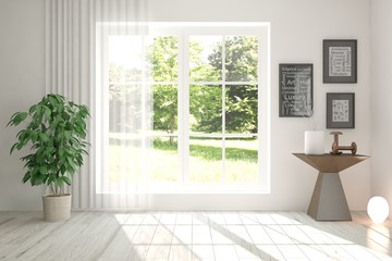 Fototapeta premium White empty room with green landscape in window. Scandinavian interior design. 3D illustration