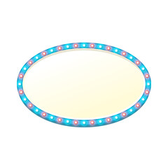 Naklejka premium Blank 3d oval retro light banner with shining lights. Blue sign with blue and red bulbs and bright blank space for text. Vintage street signboard. Advertising frame. Colorful vector illustration.