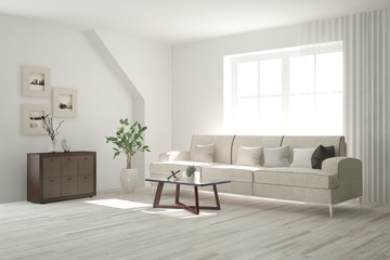 Naklejka na ściany i meble White modern room with sofa. Scandinavian interior design. 3D illustration