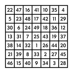 7x7 magic square of order 7 of astrological planet Venus with magic constant 175. The sum of numbers in any row, column, or diagonal is always one hundred seventy-five. Illustration over white. Vector © Peter Hermes Furian