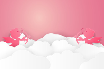 Valentines day , Illustration of love , Cupid on sky , blank space , paper art style
