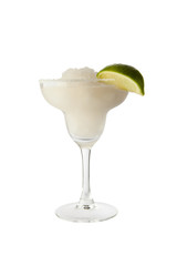 Classic margarita cocktail with lime slice and salty rim. Isolated on white background with clipping path