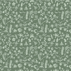 Seamless vector pattern, background with hand drawn cute insects, animals, fruits, flowers, leaves, decorative elements Hand sketch line drawing. doodle style Series of Hand Drawn seamless Patterns.
