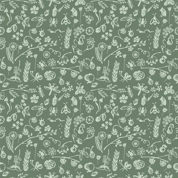 Seamless vector pattern, background with hand drawn cute insects, animals, fruits, flowers, leaves, decorative elements Hand sketch line drawing. doodle style Series of Hand Drawn seamless Patterns.