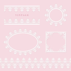 Lace decorative frame and border set on pastel pink. Round and oval lacy doilies. Wedding, birthday, baby shower, scrapbook design.