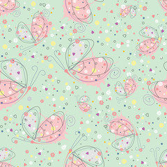 Vector seamless pattern with insect Hand drawn outline decorative endless background with cute drawn butterfly Graphic illustration. Line drawing. Print for wrapping, background, decor