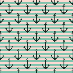 Vector seamless pattern with anchor, diagonal lines. Symmetrical background, nautical theme. Graphic illustration. Template for wrapping, backgrounds, fabric, prints, decor, surface