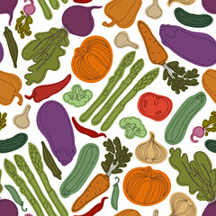 Seamless pattern with vegetables. Vegetarian menu. Eggplant, tomato, beets, peas, pepper, zucchini, radish, cucumber, broccoli, garlic, onions, carrots, okra, asparagus. Vector illustration.